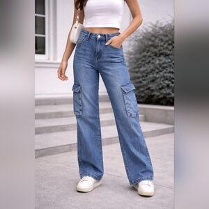 H&M Cargo Jeans Wide Leg Utility Denim Size 4 Mid Rise